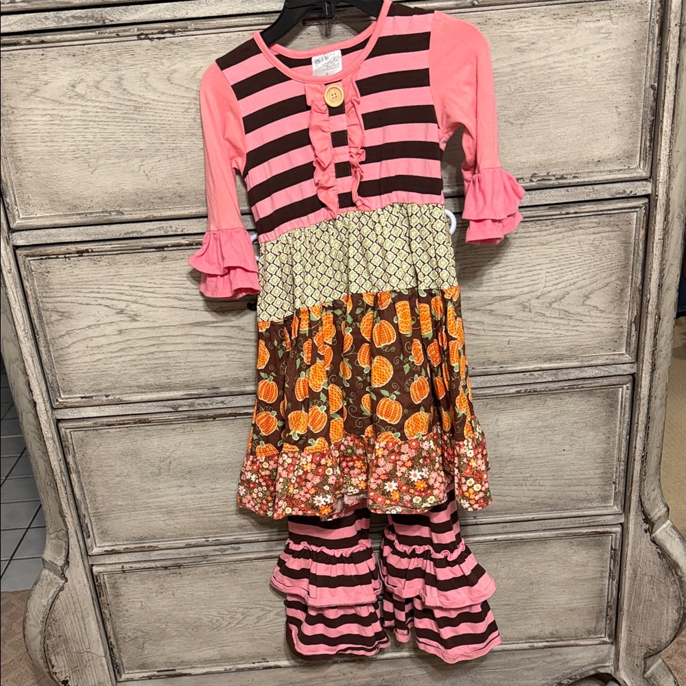 Pink and Brown Striped Matching Set  with Pumpkin Accents Little Girls Size 6